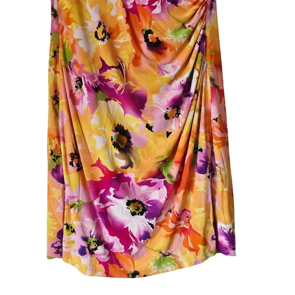 Ralph Lauren Floral Ruched Sheath‎ Dress Plus Size 16 V Neck Bold Tropical Print